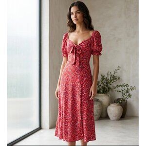 Nuo Floral Puff Sleeve Midi Dress  size  S With Tie Front & Shirred Back Red Mul
